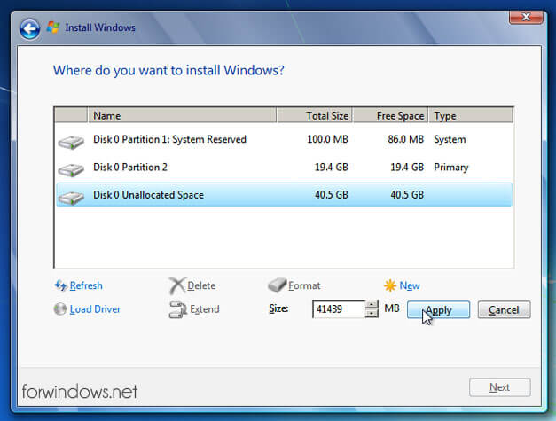 Manual de instalare Windows 7 - Alocare spatiu partitia "D"