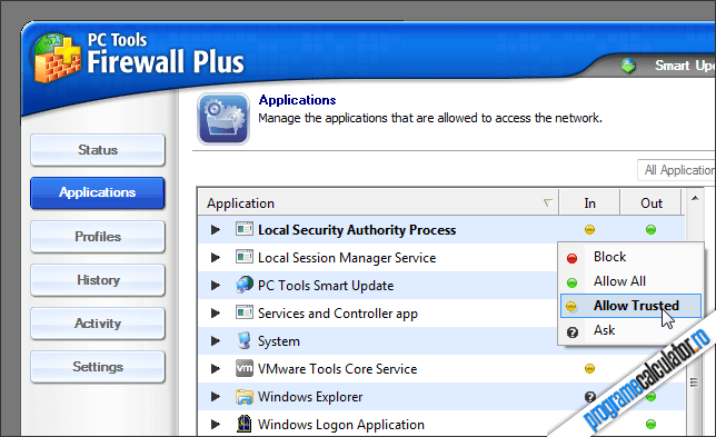 PC Tools Firewall Plus - Aplicații