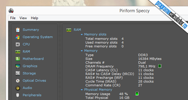 cantitatea de memorie RAM in speccy